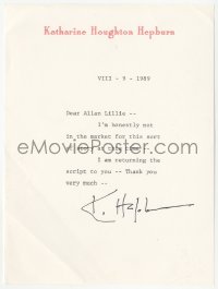 5y0204 KATHARINE HEPBURN signed letter 1989 on her stationery, returning a script to an author!