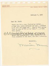 5y0207 MARION MANN signed letter 1942 thanks for the flattery but a lady sir never divulges her age!