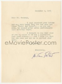 5y0210 NITA TALBOT signed letter 1951 praising her for Never Say Never, which only ran 7 nights!