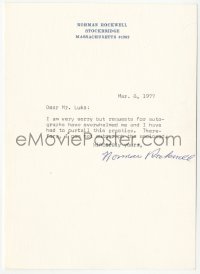 5y0211 NORMAN ROCKWELL signed letter 1977 telling that he no longer autographs photos!