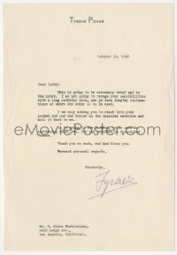 5y0221 TYRONE POWER JR. signed letter 1942 asking Humberstone for $1 for milk for French children!