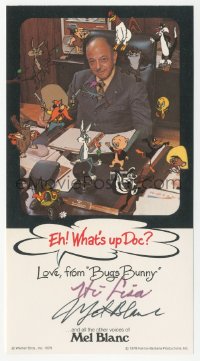 5y0230 MEL BLANC signed 4x7 card 1978 wonderful portrait with his most famous cartoon characters!