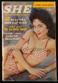 5z1328 SHE digest magazine February 1958 sexy Grace Mathews in bikini, 60 beauties men flip over!