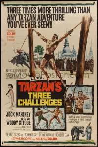 6a0335 TARZAN'S THREE CHALLENGES 40x60 1963 Edgar Rice Burroughs, artwork of bound Jock Mahoney!