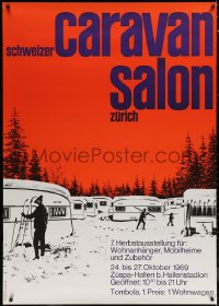 6a0428 CARAVAN SALON 36x50 Swiss special poster 1969 skiers and caravans by Rolf Stickel!