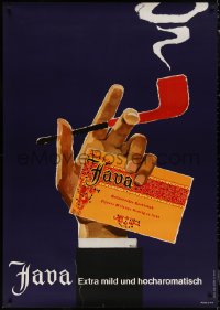 6a0451 JAVA 36x50 Swiss advertising poster 1960 Muelma art of hand holding tobacco and smoking pipe