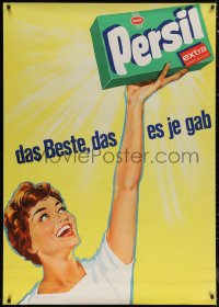 6a0460 PERSIL 36x50 Swiss advertising poster 1960 art of woman with box above her head!