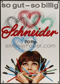 6a0465 SCHNEIDER 36x50 Swiss advertising poster 1966 Annen image of smiling woman holding many pens