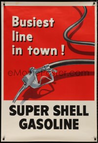 6a0302 SHELL 33x48 advertising poster 1950s art of gas pump handle and hose, busiest line in town!