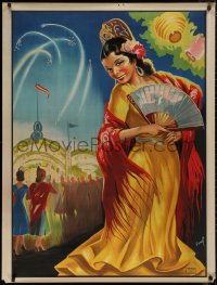 6a0304 SPAIN 34x44 Spanish travel poster 1950s Donat Sauri art of woman with fan, fireworks, rare!