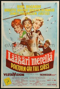 6b0075 DOCTOR AT SEA Finnish 1956 wacky art of sailor Dirk Bogarde & sexy Brigitte Bardot!