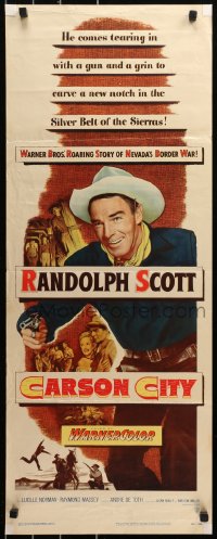 6b0496 CARSON CITY insert 1952 cowboy Randolph Scott in Nevada with a gun and a grin!
