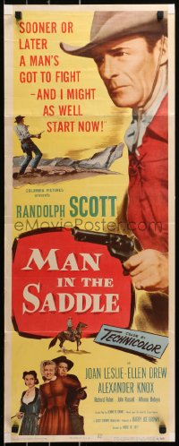 6b0547 MAN IN THE SADDLE insert 1951 cowboy Randolph Scott in western action, Joan Leslie!