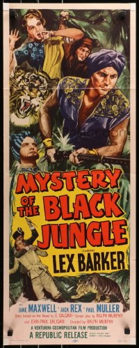 6b0554 MYSTERY OF THE BLACK JUNGLE insert 1955 art of Lex Barker w/rifle by tiger hunting in India!