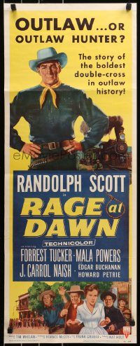 6b0568 RAGE AT DAWN insert 1955 cool artwork of outlaw hunter Randolph Scott by train!