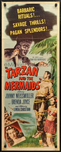 6b0594 TARZAN & THE MERMAIDS insert 1948 art of Johnny Weissmuller tied to tree w/sexy Brenda Joyce!