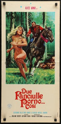 6b1027 LA PIPE AU BOIS Italian locandina 1980 Piovano art of man on horseback chasing naked woman!