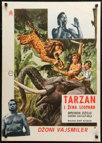 6b0816 TARZAN & THE LEOPARD WOMAN Yugoslavian 20x28 1973 art of Johnny Weissmuller fighting lion!