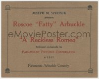 6c0861 RECKLESS ROMEO 8x10 TC 1917 Roscoe Fatty Arbuckle, a true title card, ultra rare!
