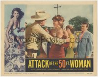 6c0272 ATTACK OF THE 50 FT WOMAN LC #4 1958 sheriff tries to calm Allison Hayes in low-cut dress!