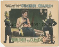 6c0331 BURLESQUE ON CARMEN LC R1928 close up of Charlie Chaplin as Darn Hosiery, full-color, rare!