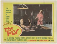 6c0432 FLY LC #5 1958 Patricia Owens tries to approach hooded monster Al Hedison at desk!