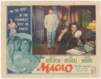 6c0553 MACAO LC #8 1952 Josef von Sternberg, Robert Mitchum stares at sexy Jane Russell with mirror!