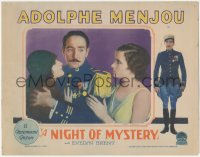 6c0601 NIGHT OF MYSTERY LC 1928 uniformed Adolphe Menjou between Evelyn Brent & Nora Lane, rare!