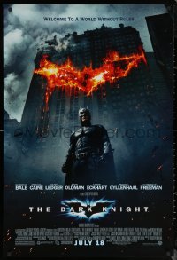 6f0881 DARK KNIGHT advance DS 1sh 2008 Christian Bale as Batman in front of burning bat symbol!