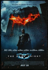 6f0882 DARK KNIGHT int'l advance DS 1sh 2008 Christian Bale as Batman in front of burning bat symbol!