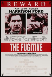 6f0926 FUGITIVE recalled int'l 1sh 1993 Harrison Ford is on the run, cool wanted poster design!