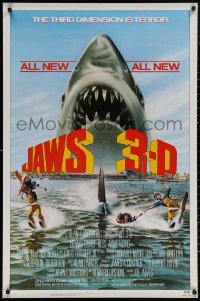 6f0985 JAWS 3-D 1sh 1983 Dennis Quaid, great Gary Meyer shark art, the third dimension is terror!