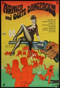 6f0486 ARMED & QUITE DANGEROUS export Russian 30x45 1978 Lemeshev art of woman on top of revolver!