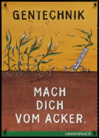6f0324 GENTECHNIK 24x35 German special poster 2000 Greenpeace, corn plants chasing beaker plant!