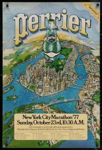 6f0346 NEW YORK CITY MARATHON 25x36 special poster 1977 art of giant Perrier water bottle over NYC!