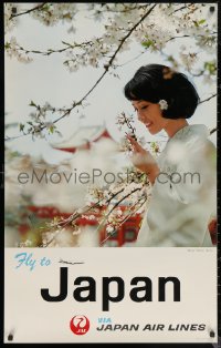 6f0213 JAPAN AIR LINES JAPAN 25x39 travel poster 1967 woman, sakura at Heian Shrine!