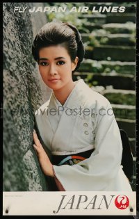 6f0214 JAPAN AIR LINES JAPAN 25x39 travel poster 1968 smiling woman at Imperial Palace!