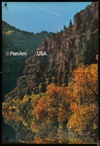 6f0212 PAN AM USA 2-sided 27x40 German travel poster 1972 gorgeous lakefront cliff during autumn!