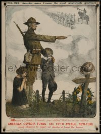 6f0233 AMERICAN OUVROIR FUNDS 24x32 French WWI war poster 1918 Jonas art of soldier & kids by grave!