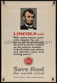 6f0243 SAVE FOOD FOR WORLD RELIEF 20x30 WWI war poster 1910s President Abraham Lincoln quote, rare!