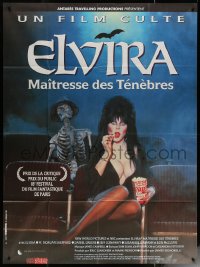 6g0932 ELVIRA MISTRESS OF THE DARK French 1p 1990 sexy Cassandra Peterson with skeleton in theater!