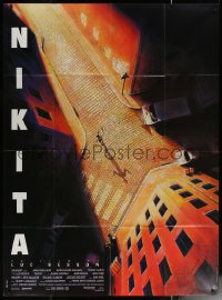 6g1248 NIKITA French 1p 1990 Luc Besson, overhead art of Anne Parillaud in alley, La Femme Nikita!