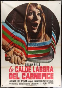 6g0390 KILLER WORE GLOVES Italian 2p 1974 art of terrified Gillian Hills & murderer's knife, rare!