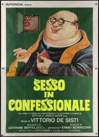 6g0410 SEX ADVICE Italian 2p 1974 art of sexy woman with sweaty priest in confession booth, rare!