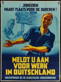 6g0072 MELDT U AAN VOOR WERK IN DUITSCHLAND 35x47 Dutch WWII war poster 1942 art of smiling workers!