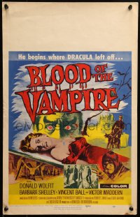 6g0443 BLOOD OF THE VAMPIRE WC 1958 he begins where Dracula left off, Joseph Smith horror art!