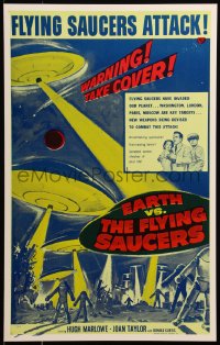 6g0120 EARTH VS. THE FLYING SAUCERS Benton REPRO WC 1990s sci-fi classic, cool art of UFOs & aliens!