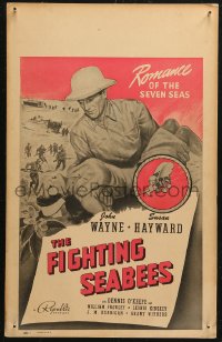 6g0471 FIGHTING SEABEES WC 1944 art of Navy man John Wayne carrying pretty Susan Hayward in WWII!
