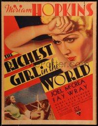 6g0556 RICHEST GIRL IN THE WORLD WC 1934 great art of Miriam Hopkins, and Joel McCrea & Fay Wray!