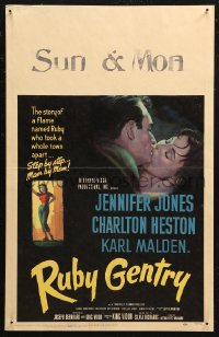 6g0562 RUBY GENTRY WC 1953 artwork of super sleazy bad girl Jennifer Jones kissing Charlton Heston!